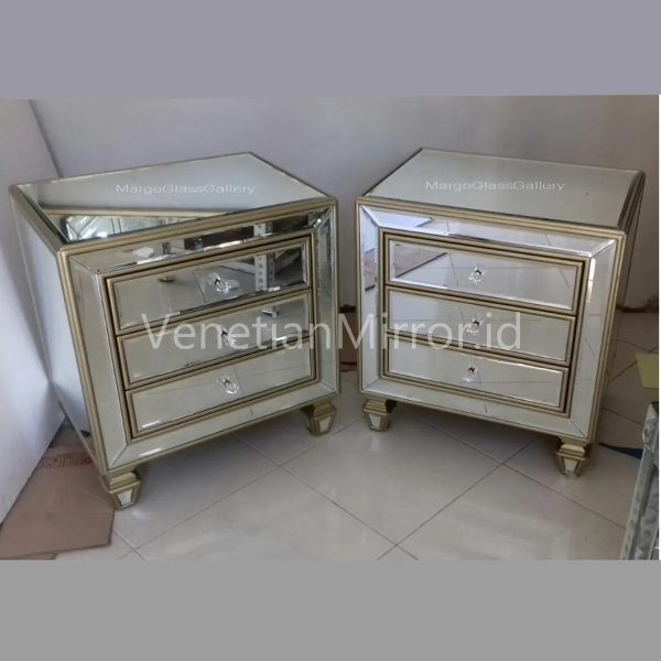 VM 006211 Bedside Mirror Table Gold With 3 Drawers